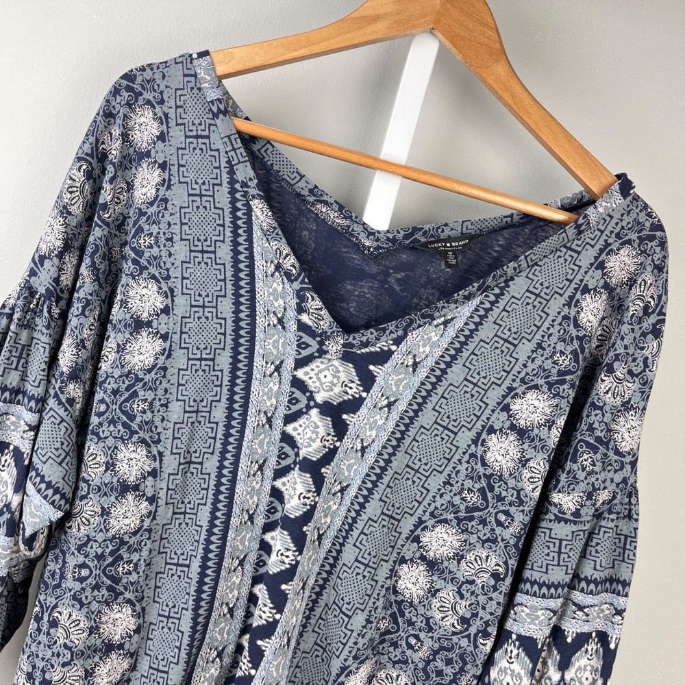 Lucky Brand Boho Peasant Top Womens M Blue Ikat Geometric Print Bohemian